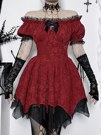   ゴシック ロリータ ドレス レースアップ フリル ジャカード カラーブロック レッド 赤