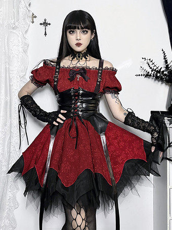   ゴシック ロリータ ドレス レースアップ フリル ジャカード カラーブロック レッド 赤