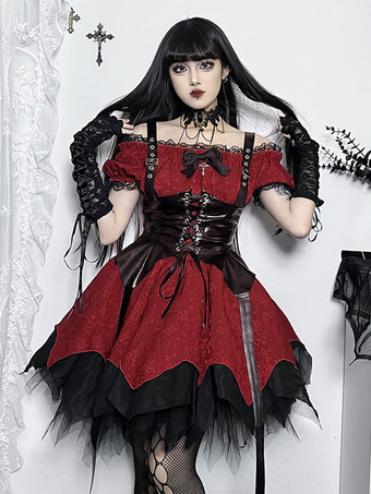   ゴシック ロリータ ドレス レースアップ フリル ジャカード カラーブロック レッド 赤