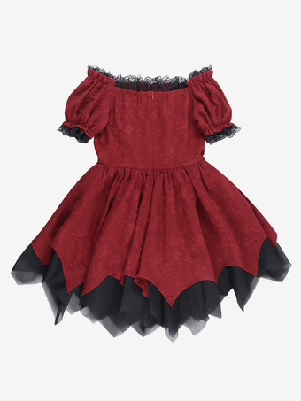   ゴシック ロリータ ドレス レースアップ フリル ジャカード カラーブロック レッド 赤