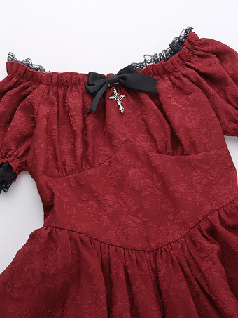   ゴシック ロリータ ドレス レースアップ フリル ジャカード カラーブロック レッド 赤