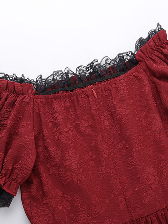   ゴシック ロリータ ドレス レースアップ フリル ジャカード カラーブロック レッド 赤