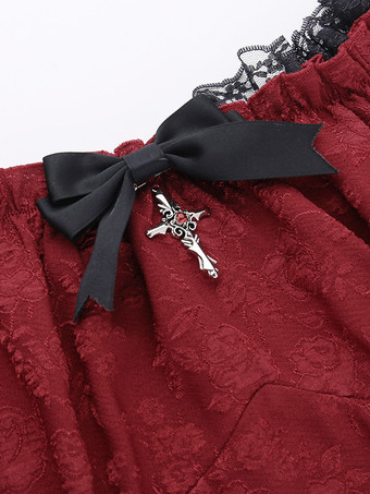   ゴシック ロリータ ドレス レースアップ フリル ジャカード カラーブロック レッド 赤