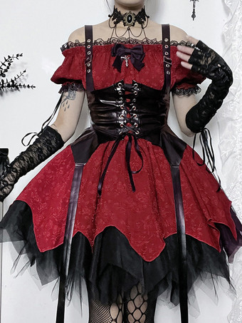   ゴシック ロリータ ドレス レースアップ フリル ジャカード カラーブロック レッド 赤