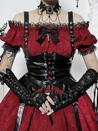   ゴシック ロリータ ドレス レースアップ フリル ジャカード カラーブロック レッド 赤