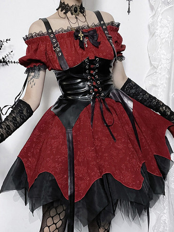   ゴシック ロリータ ドレス レースアップ フリル ジャカード カラーブロック レッド 赤