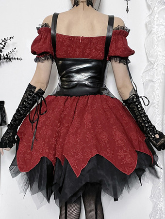   ゴシック ロリータ ドレス レースアップ フリル ジャカード カラーブロック レッド 赤