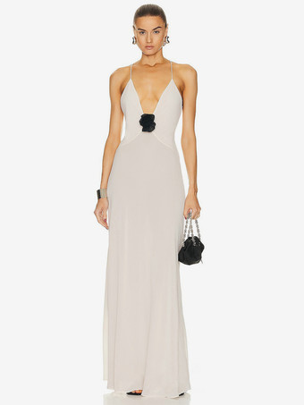 ホワイト パーティードレス ブラック Vネック 花柄 ノースリーブ バックレス セミフォーマルドレス