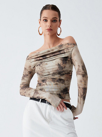 カーキ 長袖Tシャツ カーキ ポリエステル プリント バトーネック レディース Tシャツ