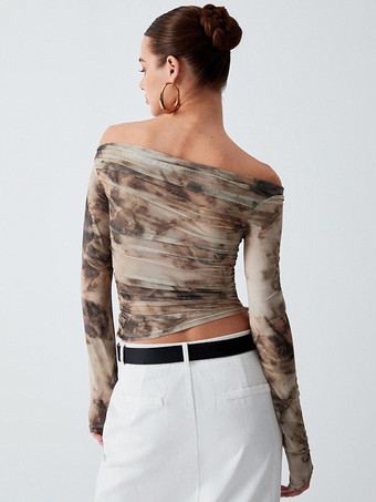 長袖Tシャツ カーキ ポリエステル プリント バトーネック レディース Tシャツ