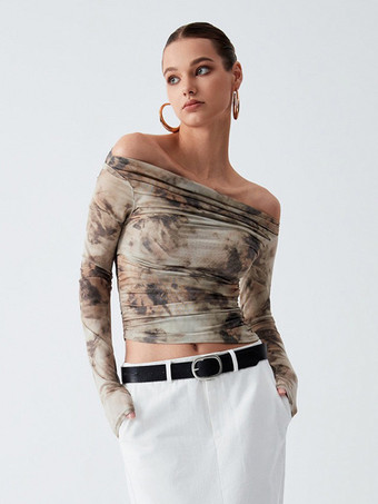 長袖Tシャツ カーキ ポリエステル プリント バトーネック レディース Tシャツ