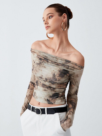 長袖Tシャツ カーキ ポリエステル プリント バトーネック レディース Tシャツ