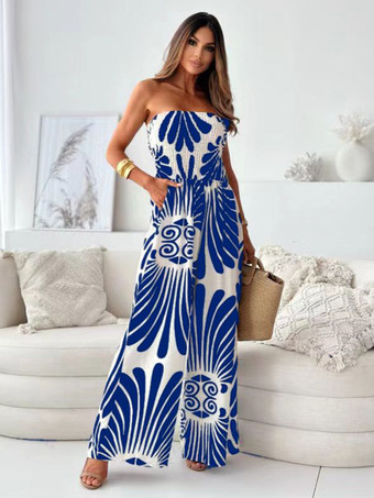 ロイヤルブルーダークネイビープリント ストラップレス ノースリーブ ポリエステル ストレート サマーワンピース
