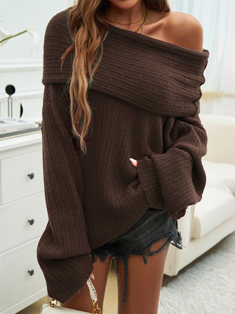 ブラウン レディース プルオーバー バトーネック 長袖 アクリル セーター ワインレッド