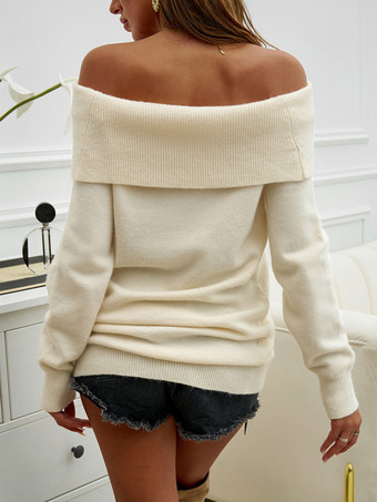 レディース プルオーバー セーター ホワイト バトーネック 長袖 ポリエステル セーター