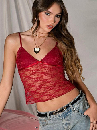 赤いキャミソールトップ ストラップネックレース セクシーキャミソール レディース