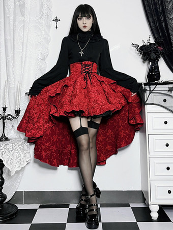 ゴシック ロリータ SK フリル レースアップ バーガンディ ロリータ スカート