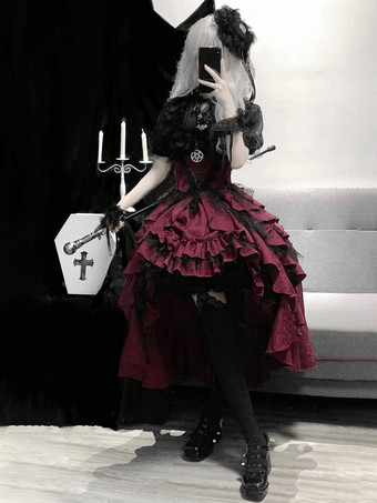 ゴシックロリータ衣装 黒 ティアード レース フリル ジャカード 装飾襟 ティーパーティー 半袖 ブラウス スカート