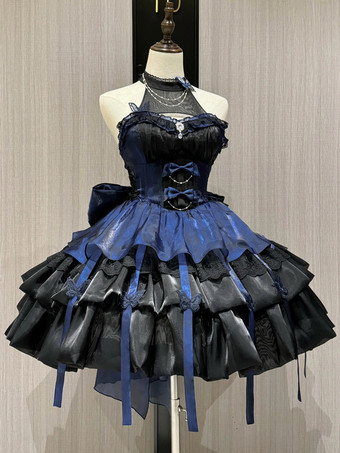   ゴシックロリータドレス ノースリーブ フリル レイヤード パフィードレス ブルー ブラック バタフライ コスプレ衣装