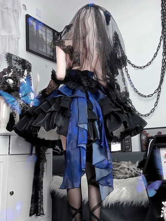   ゴシックロリータドレス ノースリーブ フリル レイヤード パフィードレス ブルー ブラック バタフライ コスプレ衣装