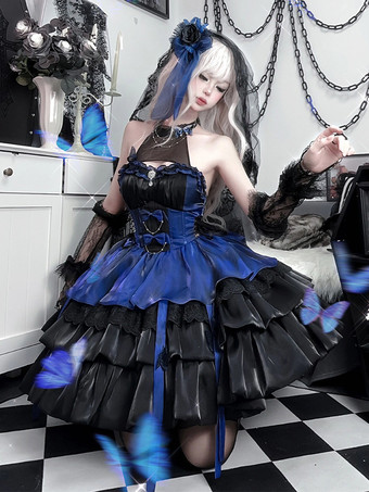   ゴシックロリータドレス ノースリーブ フリル レイヤード パフィードレス ブルー ブラック バタフライ コスプレ衣装