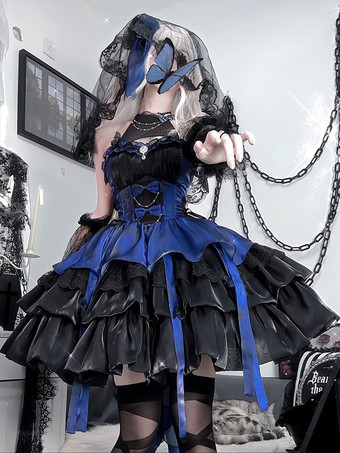 ゴシックロリータドレス ノースリーブ フリル レイヤード パフィードレス ブルー ブラック バタフライ コスプレ衣装