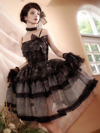 SchwarzGothic Lolita Kleider Spitze Rüschen Schwarz Schwarz