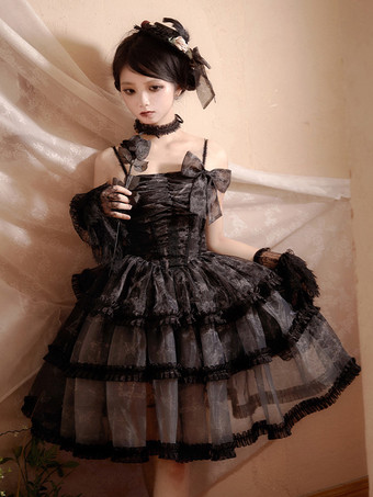 Gothic Lolita Kleider Spitze Rüschen Schwarz Schwarz