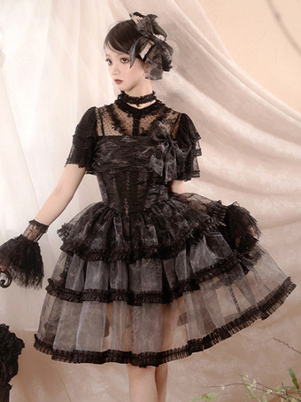 Gothic Lolita Kleider Spitze Rüschen Schwarz Schwarz