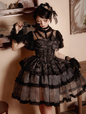 Gothic Lolita Kleider Spitze Rüschen Schwarz Schwarz