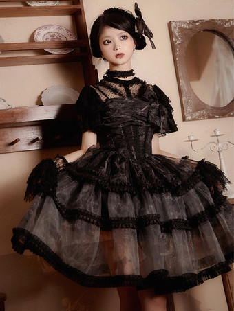 Gothic Lolita Kleider Spitze Rüschen Schwarz Schwarz