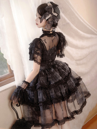 Gothic Lolita Kleider Spitze Rüschen Schwarz Schwarz