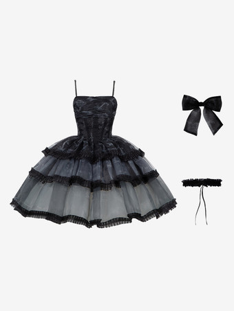 Gothic Lolita Kleider Spitze Rüschen Schwarz Schwarz