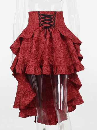 ゴシック ロリータ SK フリル レースアップ バーガンディ ロリータ スカート