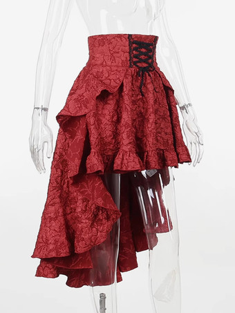 ゴシック ロリータ SK フリル レースアップ バーガンディ ロリータ スカート