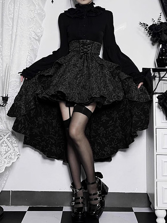ブラック ゴシック ロリータ SK フリル レースアップ バーガンディ ロリータ スカート
