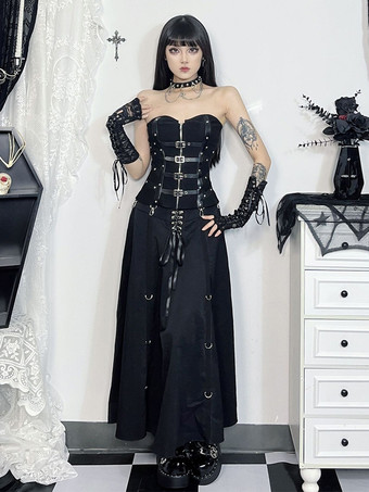 ゴシックロリータSKブラックメタルディテールレースアップロリータスカート