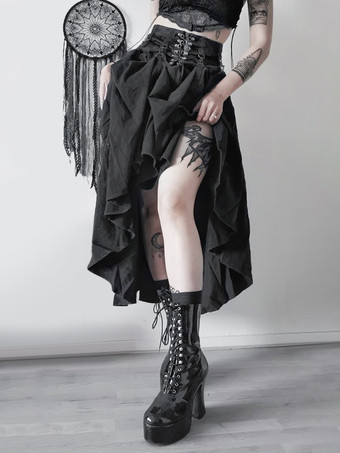 ゴシックロリータSKブラックメタルディテールレースアップロリータスカート