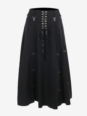 ゴシックロリータSKブラックメタルディテールレースアップロリータスカート