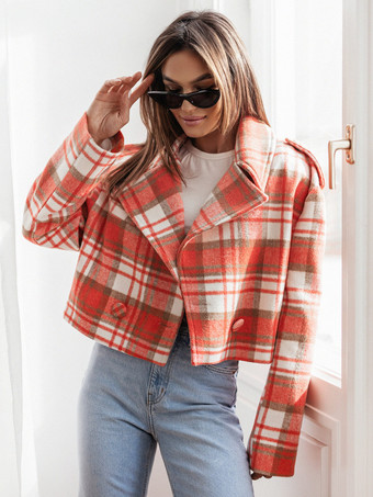 レディース ジャケット ターンダウンカラー チェック柄 ポリエステル