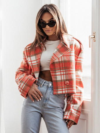 ブリックレッドレディース ジャケット ターンダウンカラー チェック柄 ポリエステル