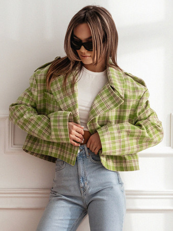 レディース ジャケット ターンダウンカラー チェック柄 ポリエステル