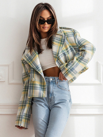 レディース ジャケット ターンダウンカラー チェック柄 ポリエステル