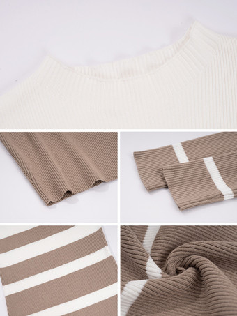 ボディコンドレス ストライプ ホワイト ジュエルネック シック ロングスリーブ ペンシルドレス