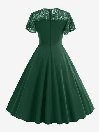 ヴィンテージドレス 1950年代 オードリー ヘップバーン スタイル ジュエルネック レース 半袖 ミディアム ダークグリーン スウィングドレス ワインレッド