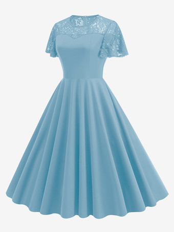 ライトスカイブルーヴィンテージドレス 1950年代 オードリー ヘップバーン スタイル ジュエルネック レース 半袖 ミディアム ダークグリーン スウィングドレス ワインレッド