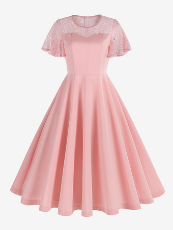 ピンクヴィンテージドレス 1950年代 オードリー ヘップバーン スタイル ジュエルネック レース 半袖 ミディアム ダークグリーン スウィングドレス ワインレッド