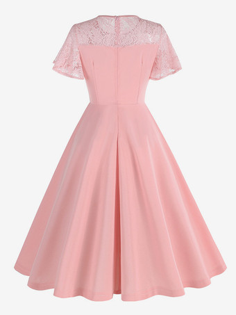 ヴィンテージドレス 1950年代 オードリー ヘップバーン スタイル ジュエルネック レース 半袖 ミディアム ダークグリーン スウィングドレス ワインレッド