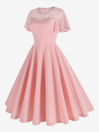 ヴィンテージドレス 1950年代 オードリー ヘップバーン スタイル ジュエルネック レース 半袖 ミディアム ダークグリーン スウィングドレス ワインレッド