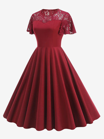 ワインレッド ヴィンテージドレス 1950年代 オードリー ヘップバーン スタイル ジュエルネック レース 半袖 ミディアム ダークグリーン スウィングドレス ワインレッド